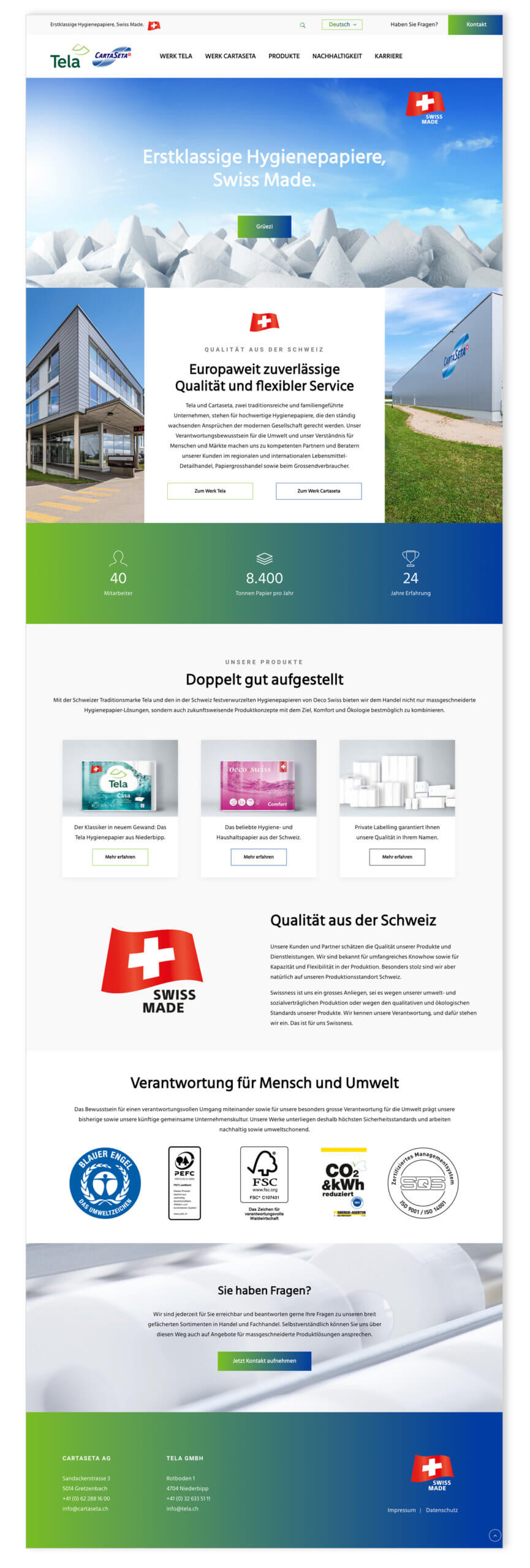 Webdesign für Tela und Cartaseta, Schweiz